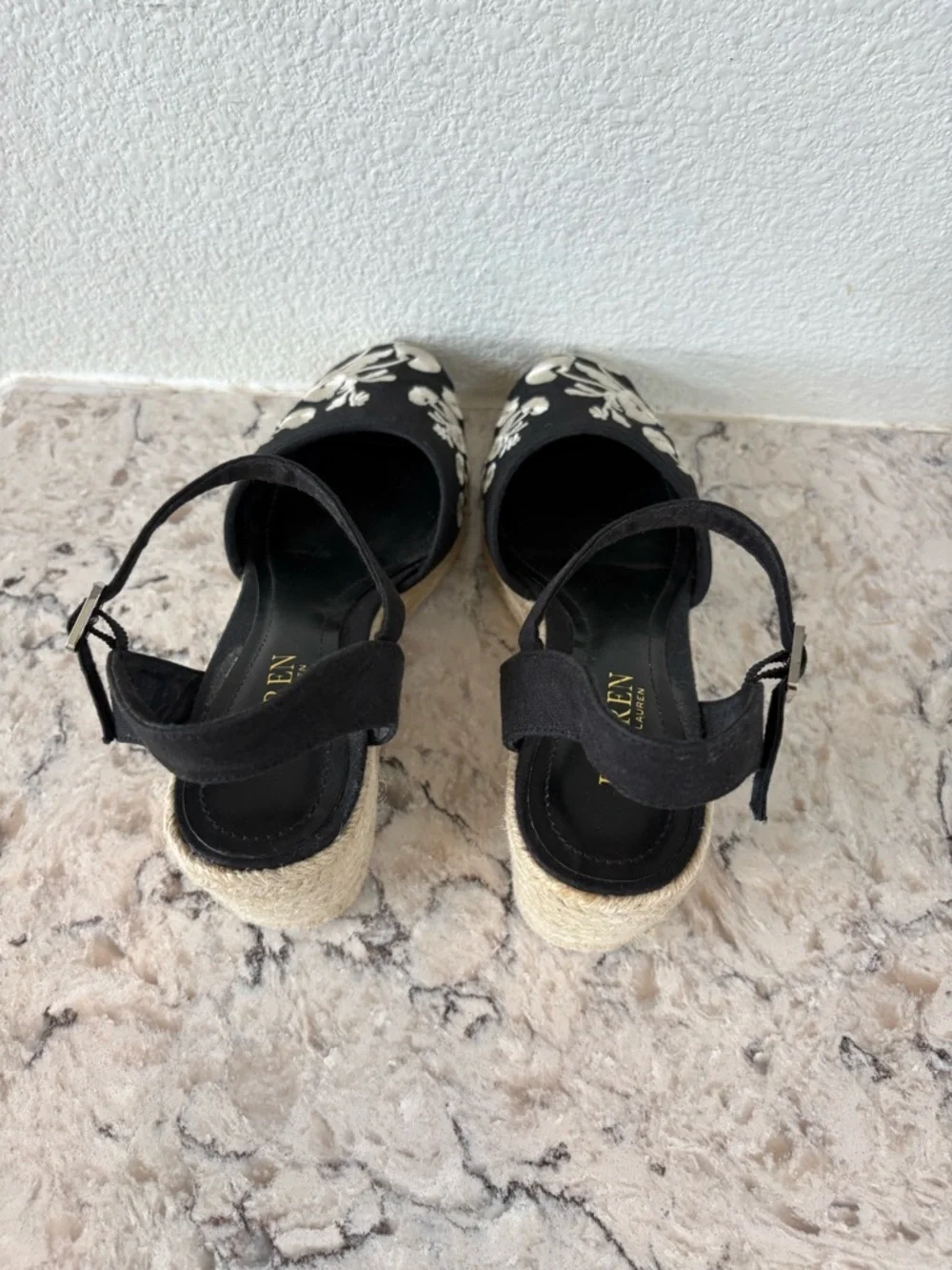Lauren Ralph Lauren Black Espadrille Wedges with White Floral Embroidery